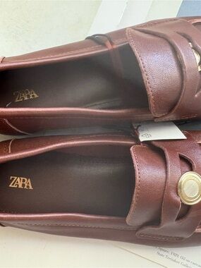 ZARA Brown Leather Penny Loafers with Gold Button
